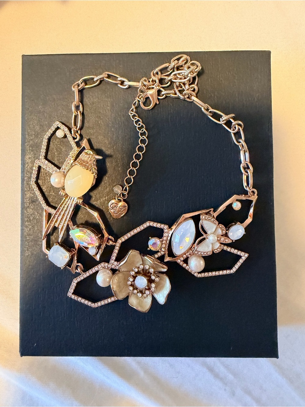 Betsy Jonson Rose Gold Floral Statement Necklace with Pearls and Crystals